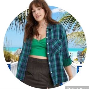 NWT Aerie Blue Plaid Flannel Shirt Sz Large